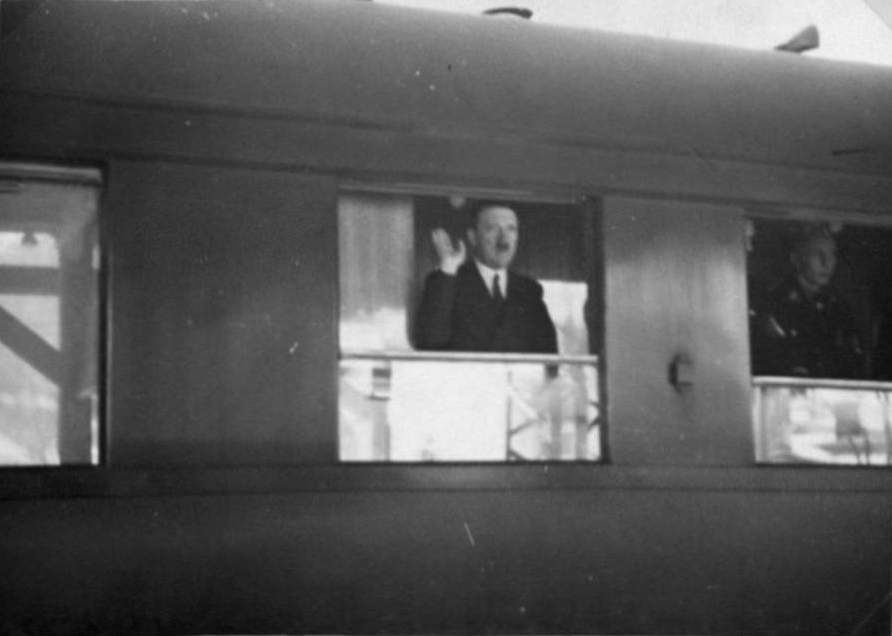 Adolf Hitler at Berchtesgaden station for a short trip to Berlin